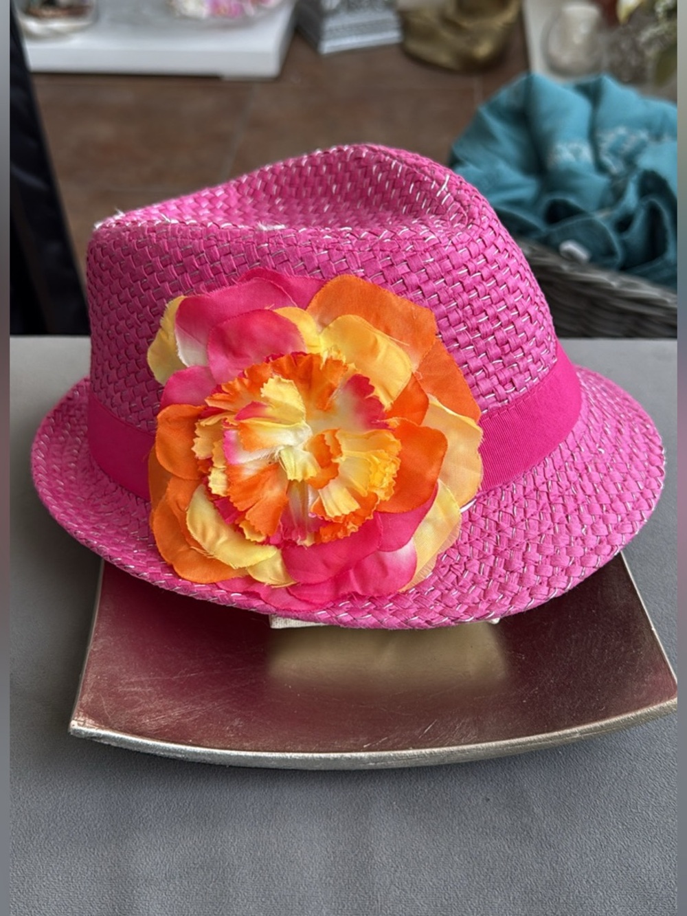 The Children's Place Hot Pink Straw Fedora with Orange & Yellow Flower